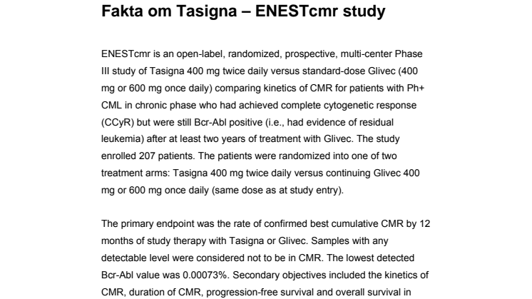 ENESTcmr, studie: Granskar effekten av att byta från Glivec till Tasigna för vuxna patienter med kronisk myeloisk leukemi