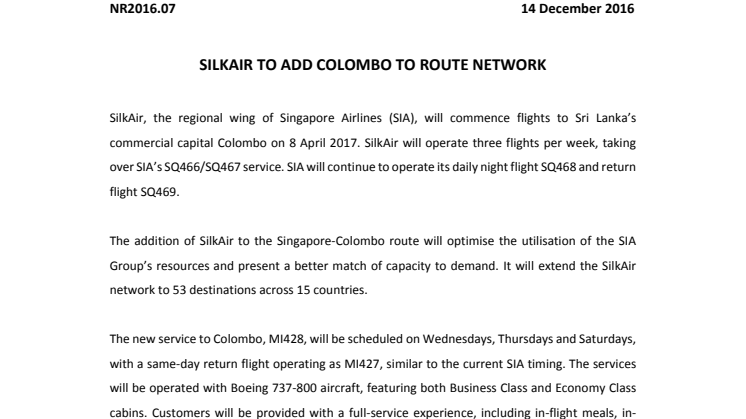 SILKAIR TO ADD COLOMBO TO ROUTE NETWORK