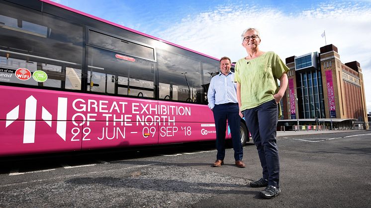 Carol Bell, executive director of Great Exhibition of the North and Stephen King, commercial director of Go North East with one of the branded exhibition buses