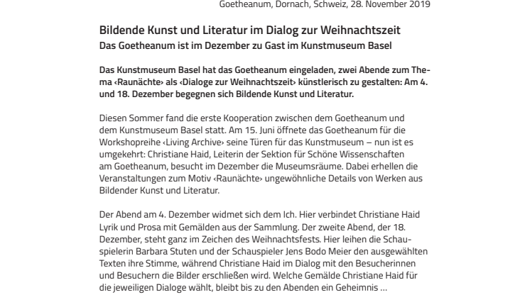 Bildende Kunst und Literatur im Dialog zur Weihnachtszeit. ​Das Goetheanum ist im Dezember zu Gast im Kunstmuseum Basel