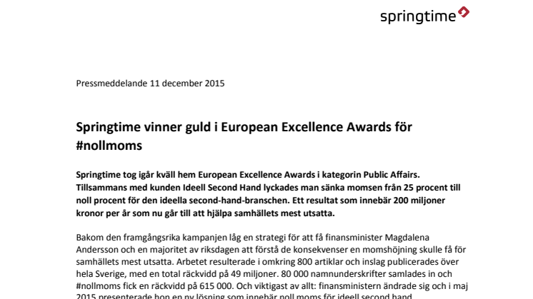 Springtime vinner guld i European Excellence Awards för #nollmoms