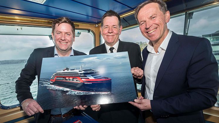  Hurtigruten CEO Daniel Skjeldam, captain on MS Polarlys Hermod Nilsen and Kleven CEO Ståle Rasmussen with design sketches