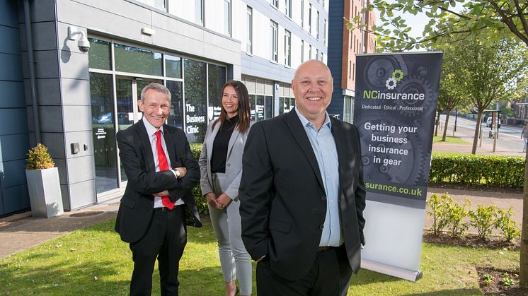 Left to right. Nigel Coates, Director of the Business Clinic for Northumbria University Jade Little, Client Service Manager for NC Insurance Mark Burdett, Operations Director at NC Insurance