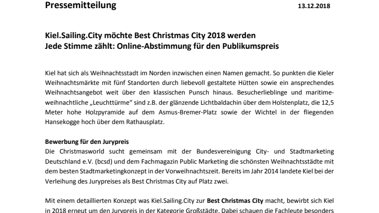 Kiel bewirbt sich um den bundesweiten Titel Best Christmas City 2018 