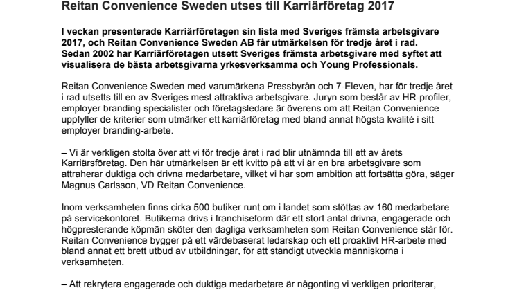 Reitan Convenience Sweden utses till Karriärföretag 2017