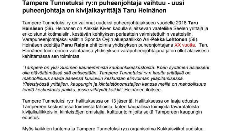 Tampere Tunnetuksi ry:n puheenjohtaja vaihtuu - uusi puheenjohtaja on kivijalkayrittäjä Taru Heinänen
