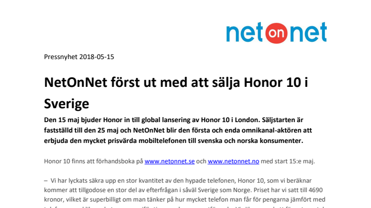 NetOnNet först ut med att sälja Honor 10 i Sverige 