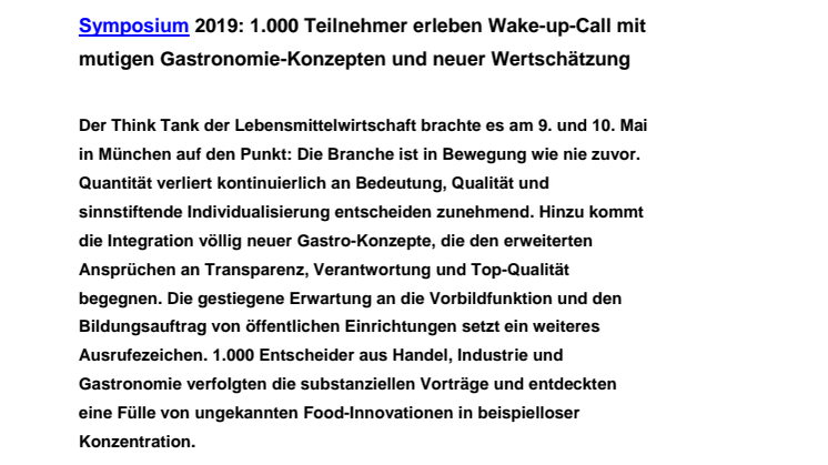 Symposium 2019: 1.000 Teilnehmer erleben Wake-up-Call mit mutigen Gastronomie-Konzepten und neuer Wertschätzung 