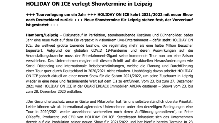 HOLIDAY ON ICE verlegt Showtermine in Leipzig