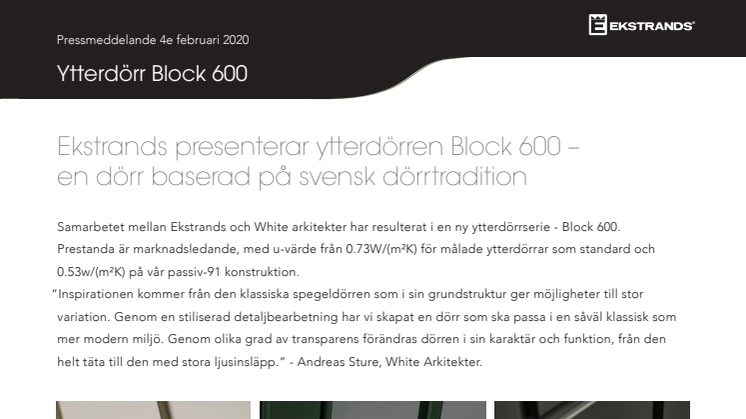 Ekstrands presenterar ytterdörren Block 600