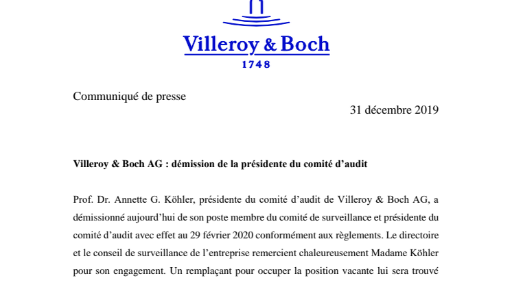 Villeroy & Boch AG : démission de la présidente du comité d’audit