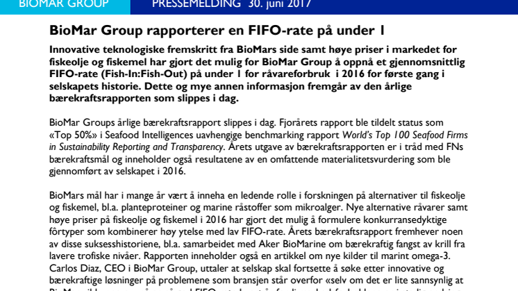 BioMar Group rapporterer en FIFO-rate på under 1