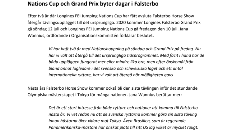 Nations Cup och Grand Prix byter dagar i Falsterbo