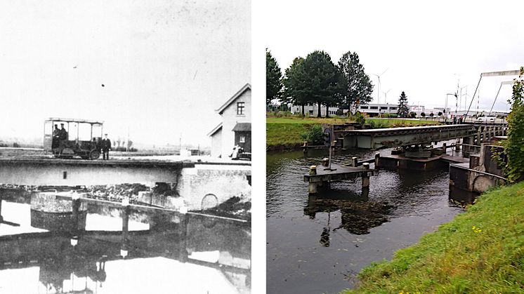 1910 fertiggestellt (Foto 1), 1944 zerstört und später wieder aufgebaut (2): Die Drehpunktbrücke auf der Strecke der BE bei Coevorden (NL).
