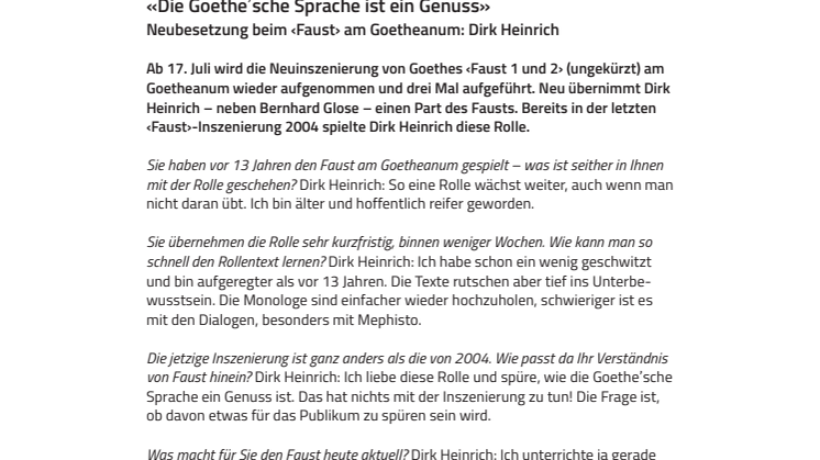 «Die Goethe’sche Sprache ist ein Genuss». Neubesetzung beim ‹Faust› am Goetheanum: Dirk Heinrich