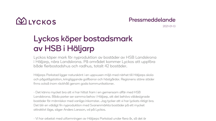 Lyckos köper mark av HSB Landskrona i Häljarp