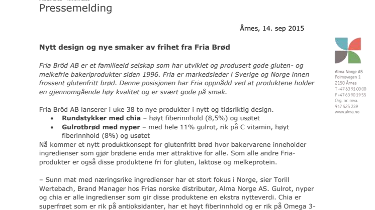 Nytt design og nye smaker av frihet fra Fria Brød