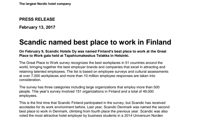  Scandic named best place to work in Finland