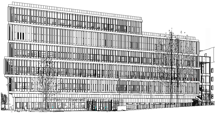 Syntolkning: Svart-vit arkitektbild av delar av sjukhusbyggnad i sex våningsplan.