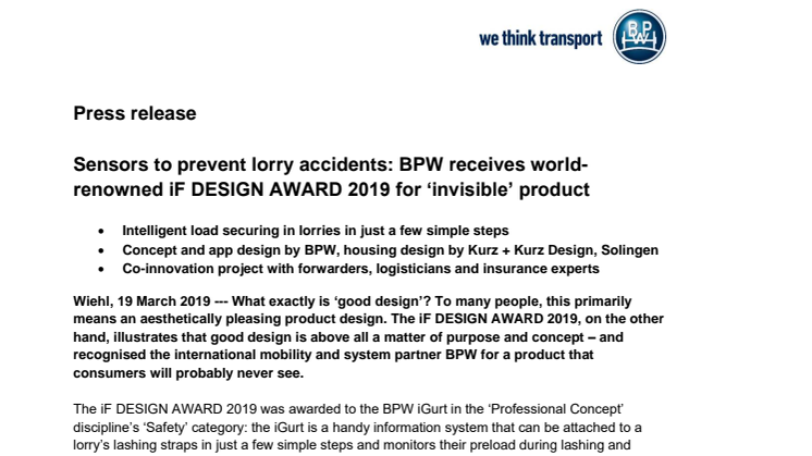 Sensors to prevent lorry accidents: BPW receives world-renowned iF DESIGN AWARD 2019 for ‘invisible’ product