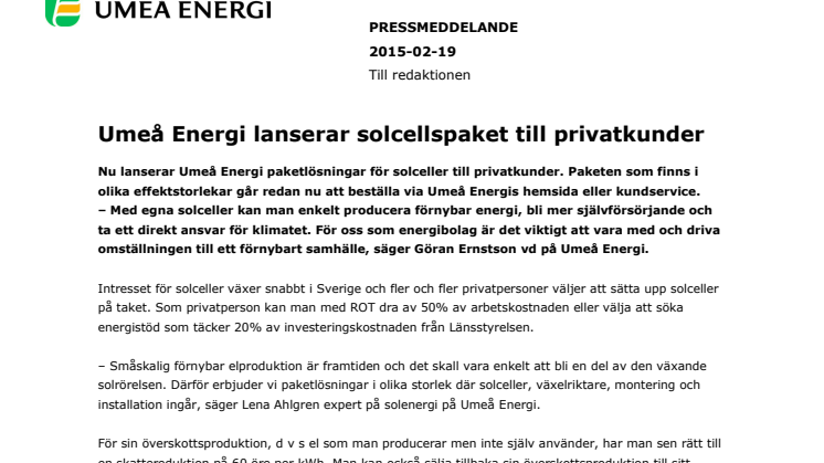 Umeå Energi lanserar solcellspaket till privatkunder