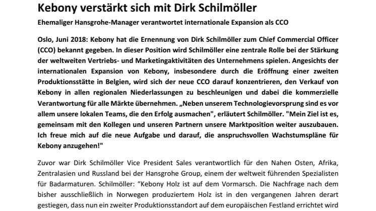 Holzhersteller Kebony verstärkt sich mit Dirk Schilmöller als CCO