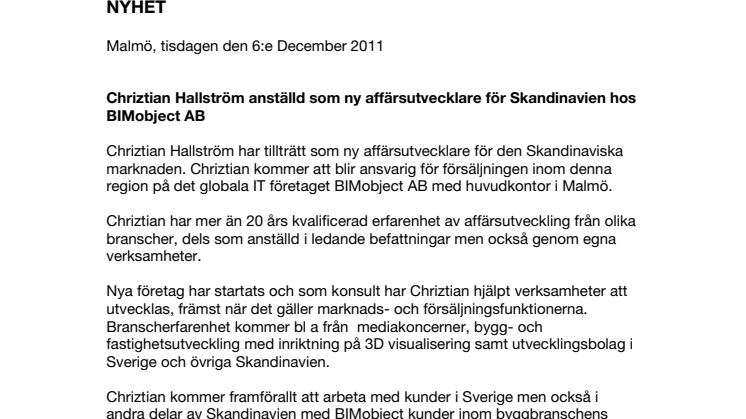 Chriztian Hallström tillträder som affärsutvecklare för Skandinavien hos BIMobject AB