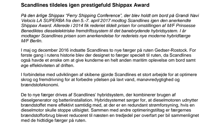 Scandlines tildeles igen prestigefuld Shippax Award
