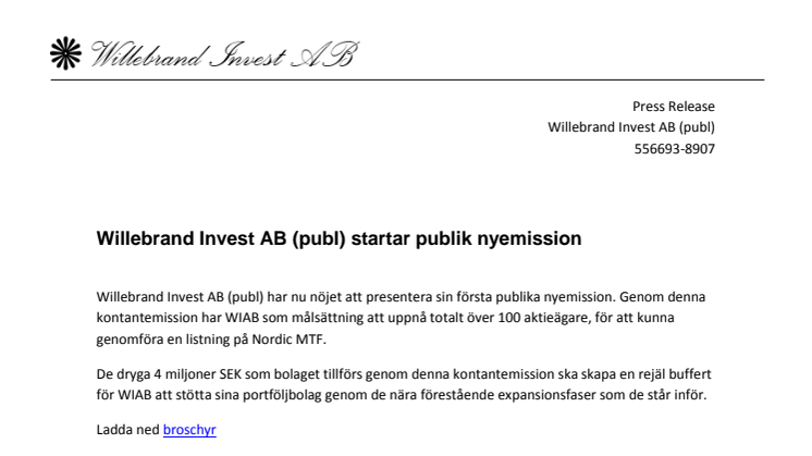 Willebrand Invest AB (publ) startar publik nyemission