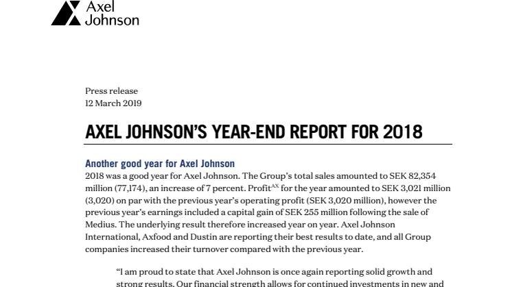 Axel Johnson's Year End Report for 2018
