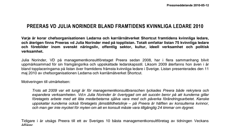 PREERAS VD JULIA NORINDER BLAND FRAMTIDENS KVINNLIGA LEDARE 2010