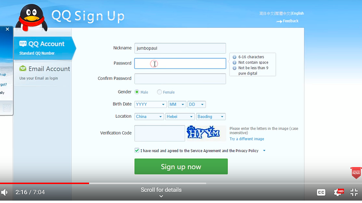 A YouTube screen grab of the QQ sign-up page