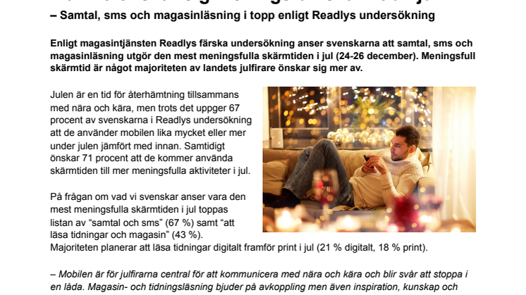 7 av 10 önskar sig meningsfull skärmtid i jul – Samtal, sms och magasinläsning i topp enligt Readlys undersökning 