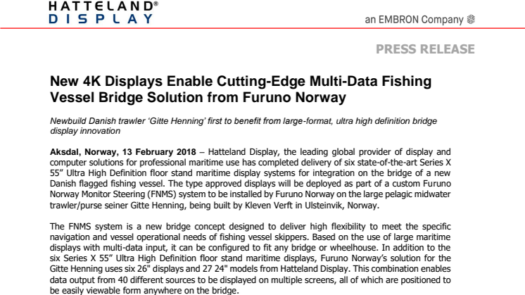 Hatteland Display: New 4K Displays Enable Cutting-Edge Multi-Data Fishing Vessel Bridge Solution from Furuno Norway 