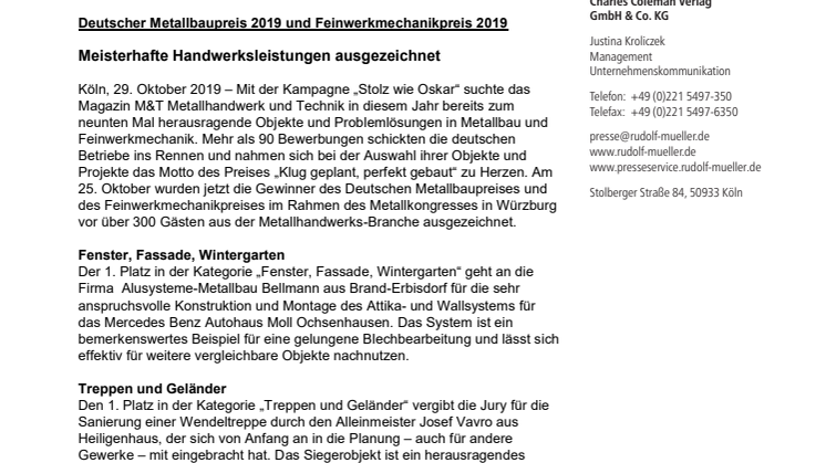 Deutscher Metallbaupreis 2019 und Feinwerkmechanikpreis 2019 