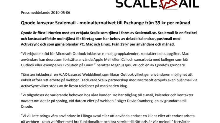 Qnode lanserar Scalemail - molnalternativet till Exchange från 39 kr per månad