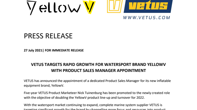 VETUS Targets Rapid Growth for YellowV with Product Sales Manager Appointment