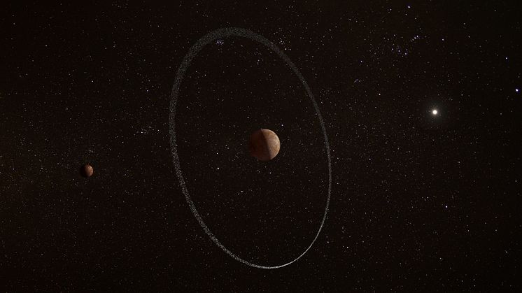 Illustration av dvärgplaneten Quaoar och dess ring, med Quaoars måne Weywot till vänster. Bild: ESA, CC BY-SA 3.0 IGO, gjord av ATG på uppdrag av ESA