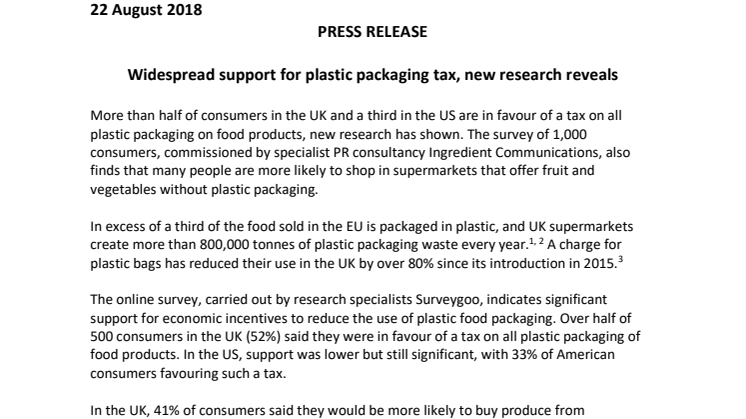 PRESS RELEASE: Widespread support for plastic packaging tax, new research reveals