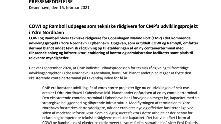 COWI og Rambøll udpeges som tekniske rådgivere for CMP's udviklingsprojekt i Ydre Nordhavn