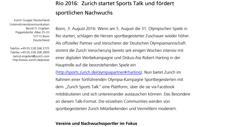 Rio 2016: Zurich startet Sports Talk und fördert sportlichen Nachwuchs
