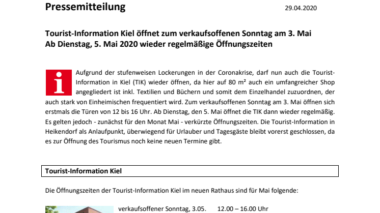 Die Tourist-Information Kiel öffnet zum verkaufsoffenen Sonntag und danach wieder regelmäßig