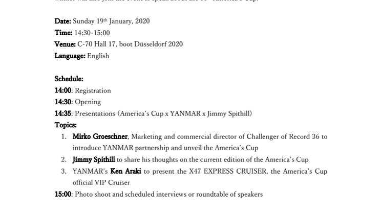 Invitation: Press Event at boot Dusseldorf on January 19, 2020