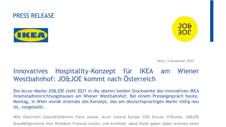 Innovatives Hospitality-Konzept für IKEA am Wiener Westbahnhof: JO&JOE kommt nach Österreich