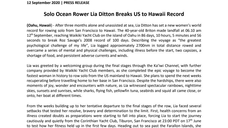 Solo Ocean Rower Lia Ditton Breaks US to Hawaii Record