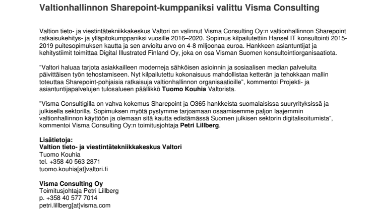 Valtionhallinnon Sharepoint ratkaisukehityskumppaniksi valittu Visma Consulting