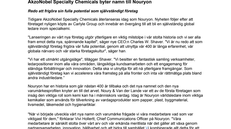 AkzoNobel Specialty Chemicals byter namn till Nouryon