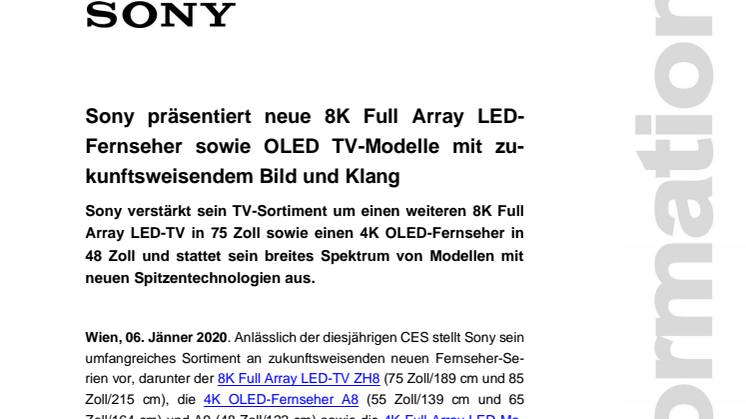 Sony präsentiert neue 8K Full Array LED-Fernseher sowie OLED TV-Modelle mit zukunftsweisendem Bild und Klang