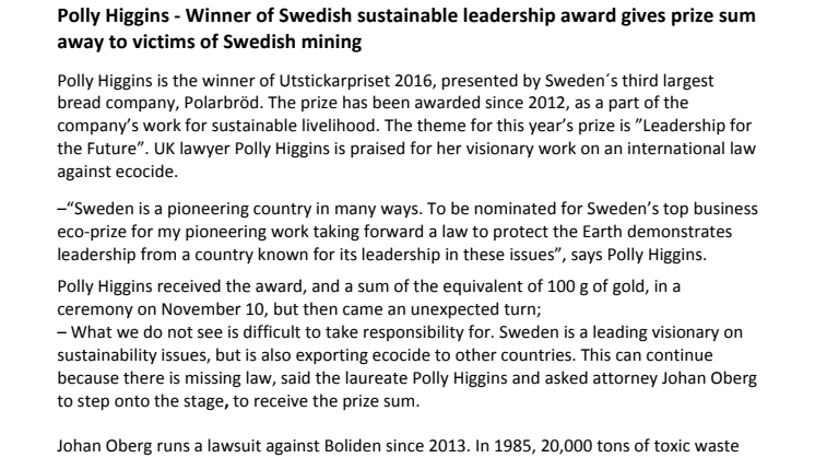 Winner of Swedish sustainable leadership award gives prize sum away to victims of Swedish mining