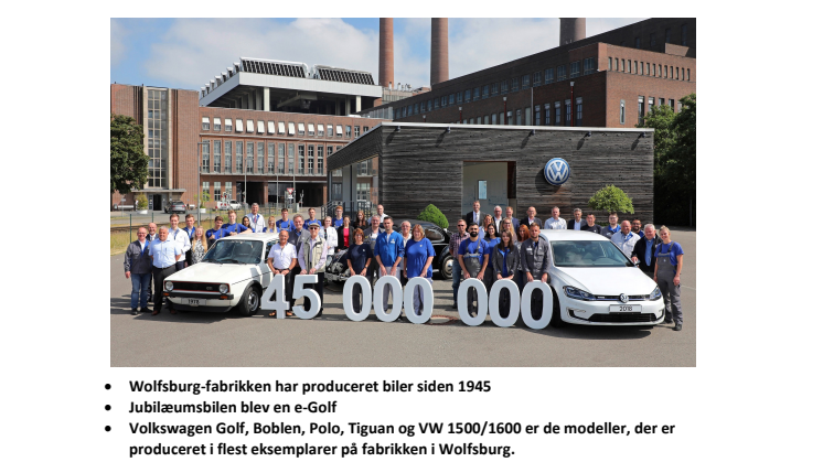 Volkswagens Wolfsburg-fabrik runder 45 millioner producerede biler